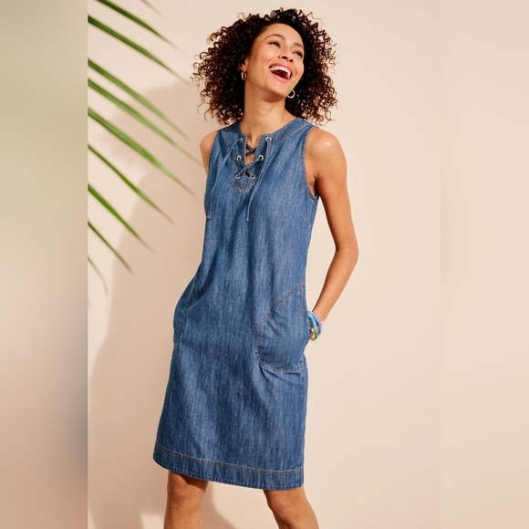 Talbots Denim Shift Dress Women Blue Chambray Lace Up Sleeveless Size 16 - Picture 1 of 10